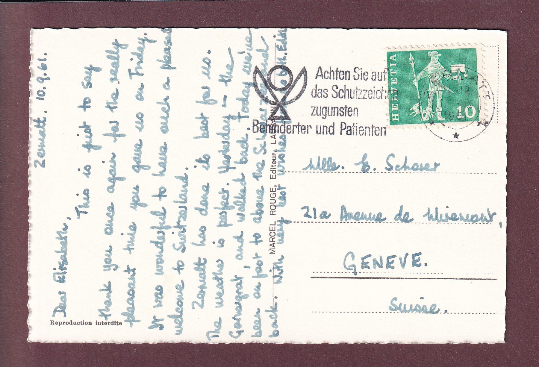 Cartoline postali: ZERMATT - Matterhorn - 1961 – Usato da Pully venduto da nicecards 1