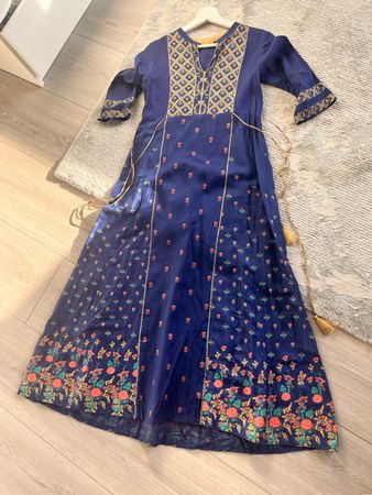 Blue Silk Dress with gold Tassles,  Size S