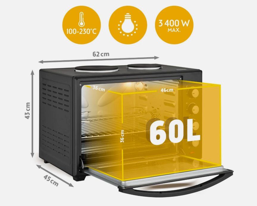 Forni: Minibackofen mit Kochplatten 60L 3400W – Nuovo e nell'imballaggio originale da Amriswil venduto da JaJa-Express 2