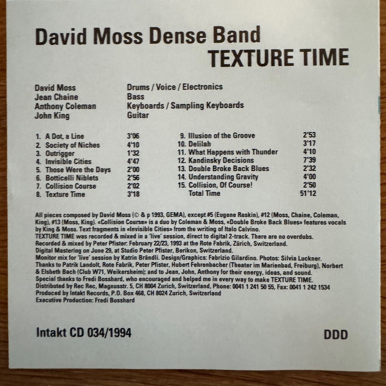 CD: David Moss Dense Band - Texture Time (CD Intakt) 1994 #034 – Usato da Zug venduto da Mirare9 1