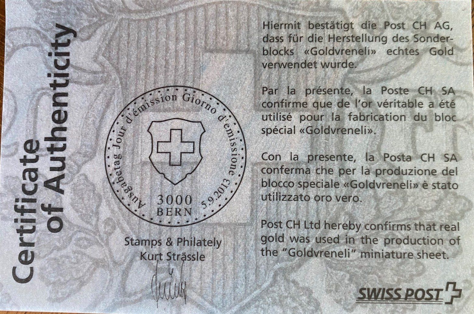 Tutti i francobolli: Sonderblock Goldvreneli** 2013. 2 Stück – Usato da Aedermannsdorf venduto da Sennahoy11 2