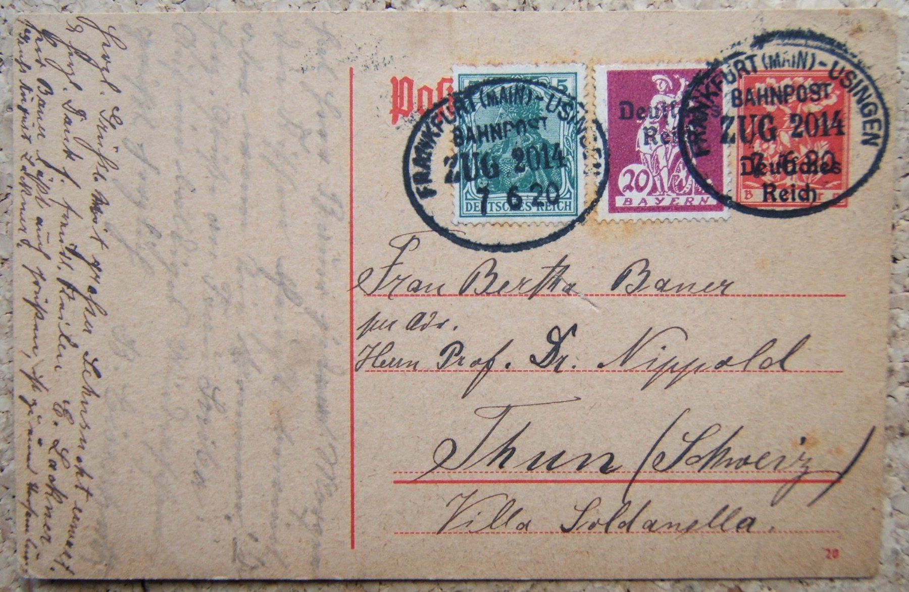 Alle Briefmarken: PK REICHSPOST MIT BAHNPOSTSTEMPEL FRANKFURT - USINGEN 1920 – Gebraucht aus Brunnen von Nonne04
