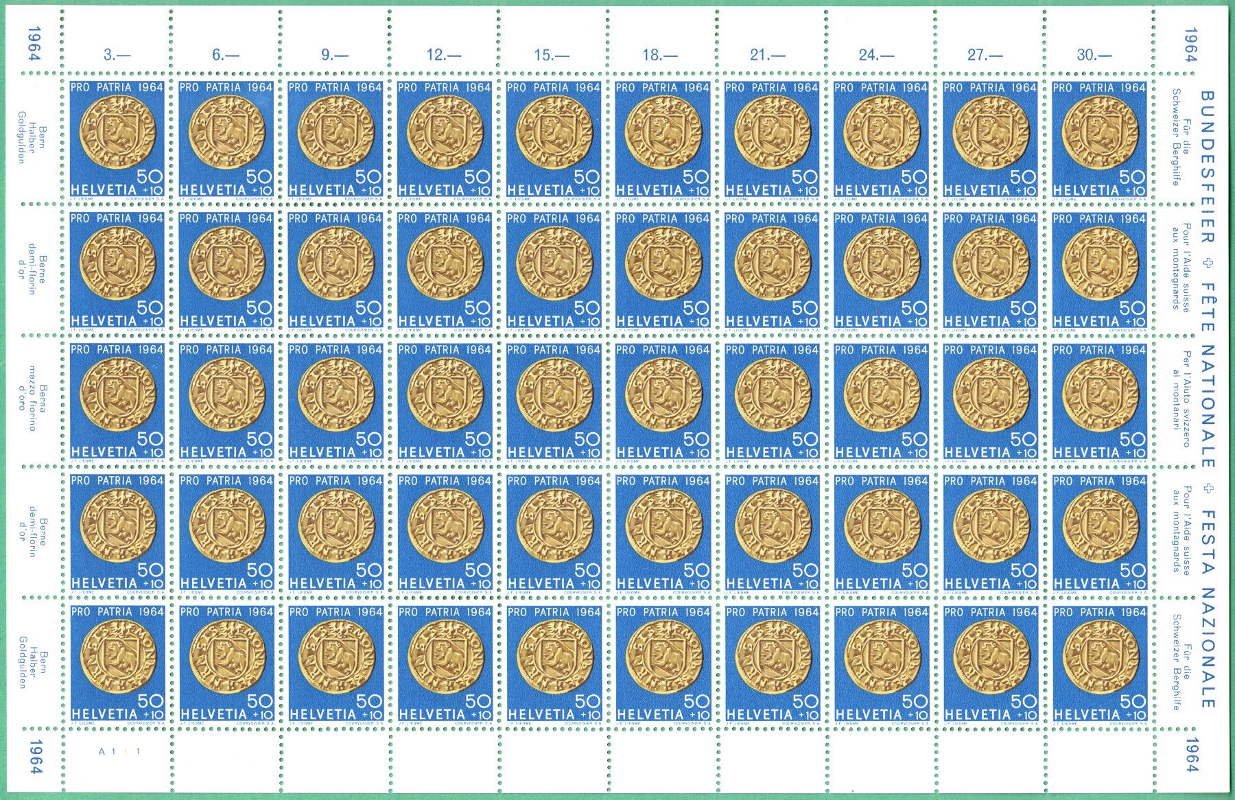 Tutti i francobolli: 1964  Bogen  Pro Patria  Bern halber Goldgulden  postfrisch – Nuovo (secondo la descrizione) da Mellingen venduto da Ginger