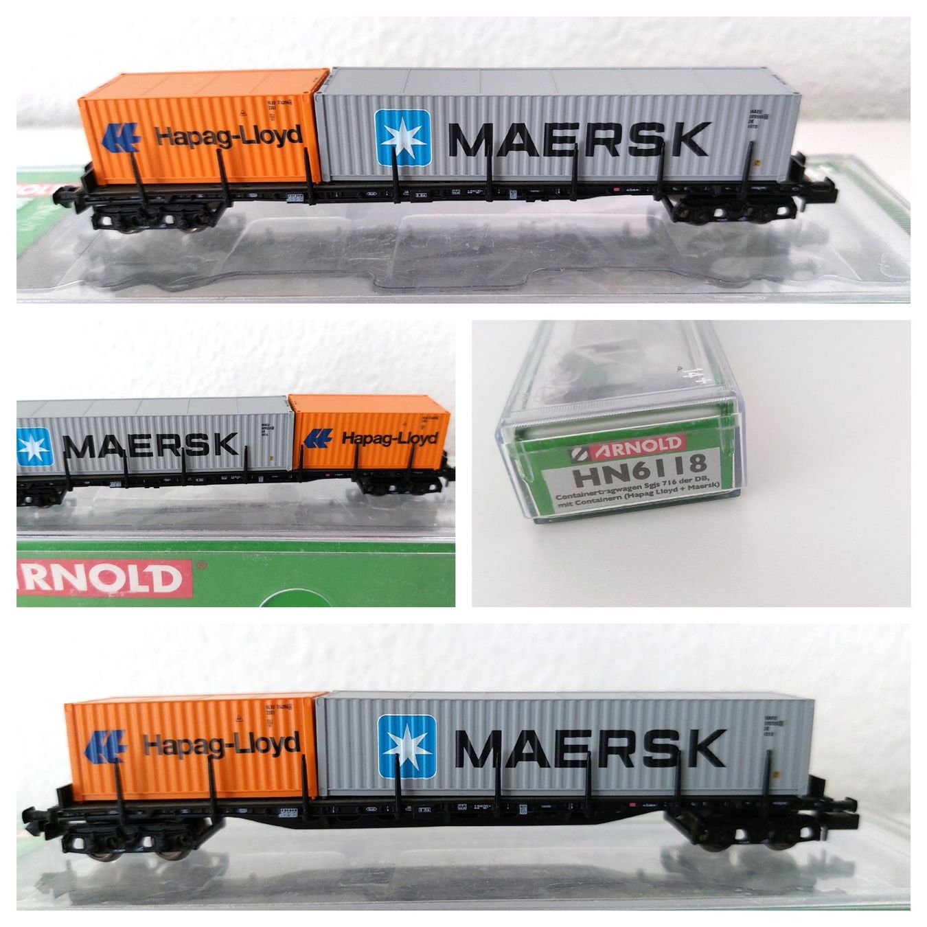 Arnold Modelleisenbahnen: Containertragwagen 716 der DB Hapag Lloyd + Maersk HN6118 – Neu und originalverpackt aus Biberist von Ntrains 4