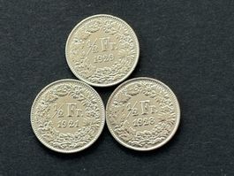 1/2 Fr. 1921, 1928, 1929 vorzüglich