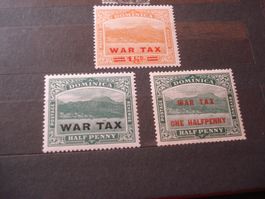 3 alte Marken Dominica, Überdruck War Tax *