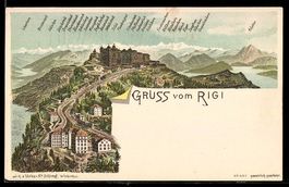 Lithographie Rigi, Hotels mit Mönch und Eiger