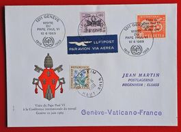 LUFTPOST SCHWEIZ FRANCE VATIKAN BIT GENF TAXIERT ALSACE 1969