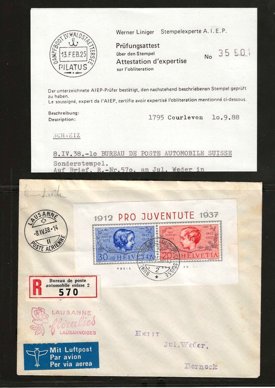 Alle Briefmarken: 1937 : Pro Juventute Block auf Brief mit Attest – Gebraucht aus Gümligen von Geniusbuy