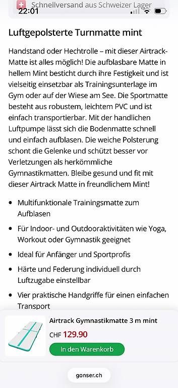 Tappetini fitness: Airtrack Gymnastikmatte 3m Mint – Usato da Rüschlikon venduto da Gioia82 1