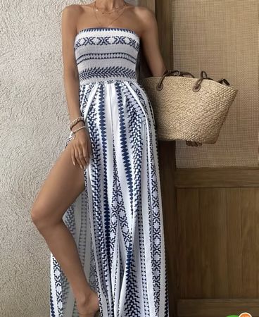 Combinaison pantalon été bohème imprimée bleu et blanc T.M