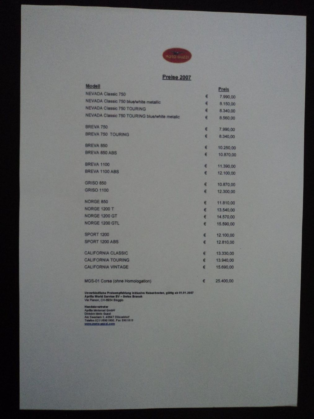 Moto Guzzi Documenti: Prospekt Preisliste Moto Guzzi 2007 – Usato da Schwarzenburg venduto da modelCARama 1