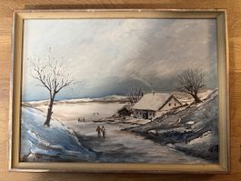 Ölgemälde Winterlandschaft mit Bauernhaus – gerahmt – 31,7 ×