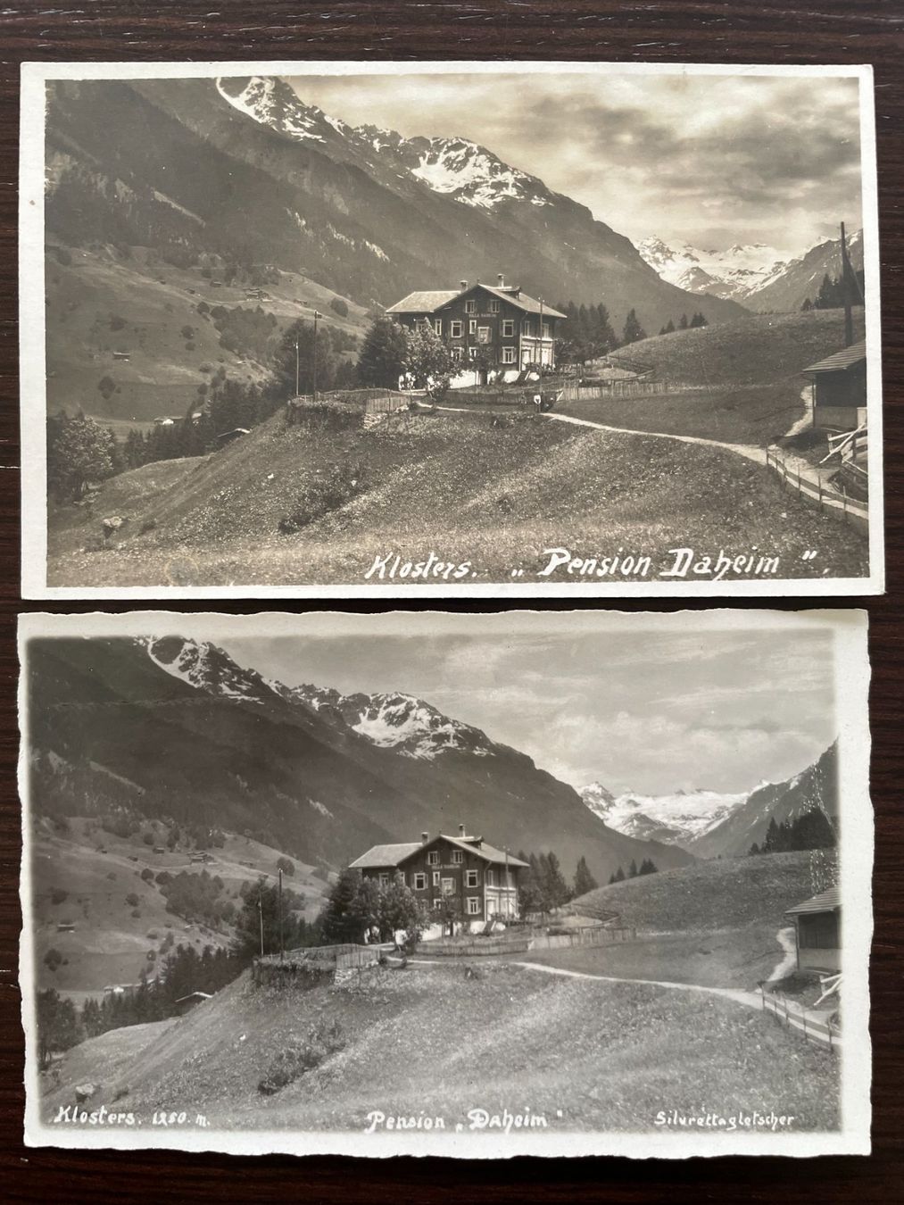 Cartoline postali: KLOSTERS 2 AK Pension "Villa Daheim", Silvrettagletscher – Usato da Wald ZH venduto da TLILEF
