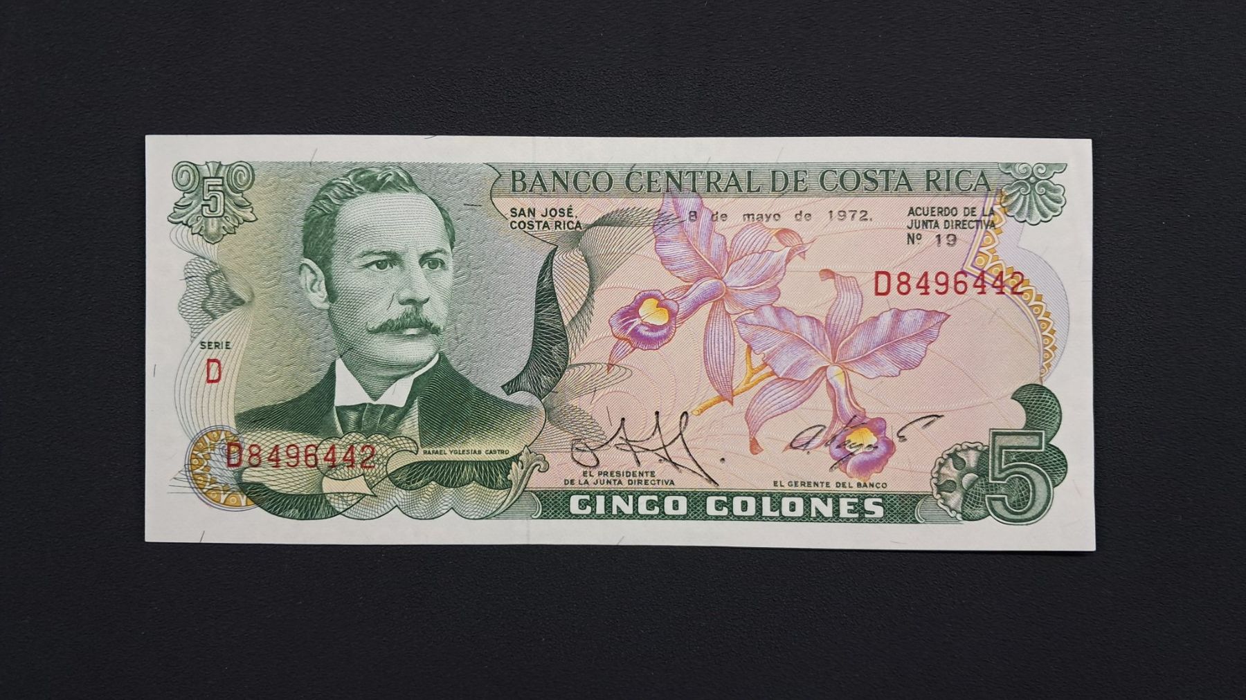 Banconote: Costa Rica 5 Colones 1972  Unc – Nuovo e nell'imballaggio originale da Lufingen venduto da E-Auktion