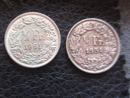 2x 1/2 Franken Silber Münzen 1951 & 1961