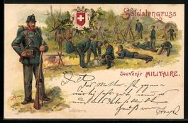 Litho Schweizer Soldaten in Uniformen im