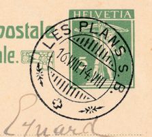 Cachet Fleuron parfait Les Plans s.B NE 1914 sur CP, à Rolle
