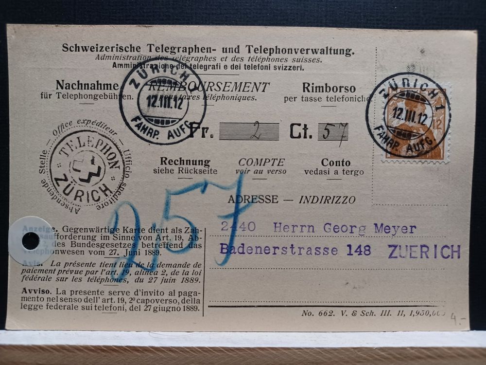 No. 662 / Telefongebühren 1912 Stempel Telephon Zürich (Gebraucht) in ...