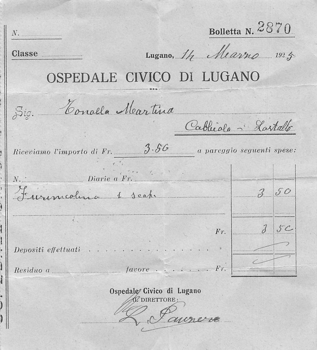 Cartoline postali: Ospedale Civico Lugano TI Ricevuta 1925 – Usato da Biasca venduto da Blenio71