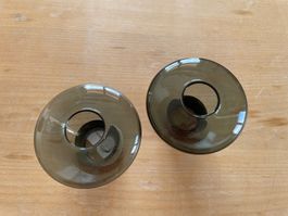 2 bougeoirs design en verre fumé et bois massif