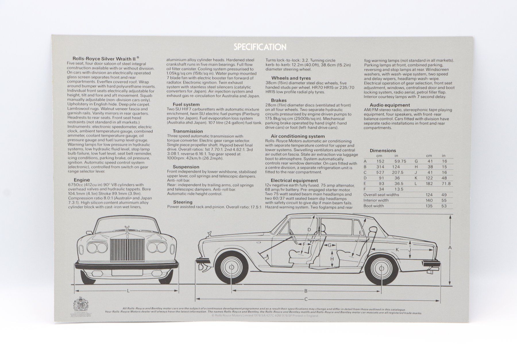 Rolls-Royce Documents: Rolls Royce Silver Wraith 2 1978 Prospektblatt – D'occasion à Bühl b.Aarberg par Collectorpassions 1