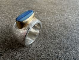 Silberring, Boulderopal in 750 Gold gefasst, handgefertigt