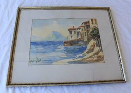 Aquarell 1938 Dorfansicht mit Seeufer im Tessin? signiert