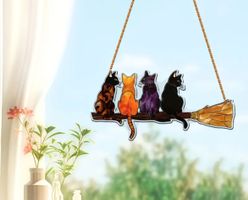 Halloween Deko: Hexenbesen mit Katzen