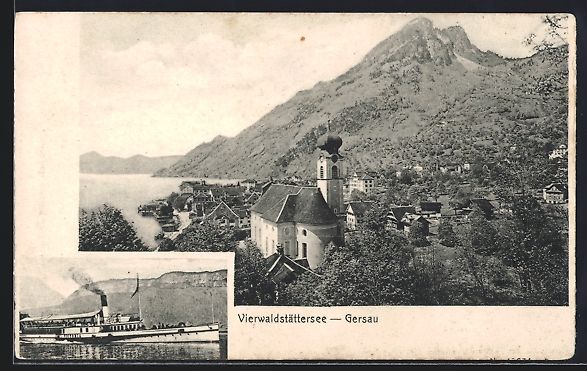 Cartes postales: Gersau, Teilansicht mit Kirche, Dampfer  – D'occasion à Berlin par bartko-reher