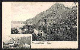 Gersau, Teilansicht mit Kirche, Dampfer 