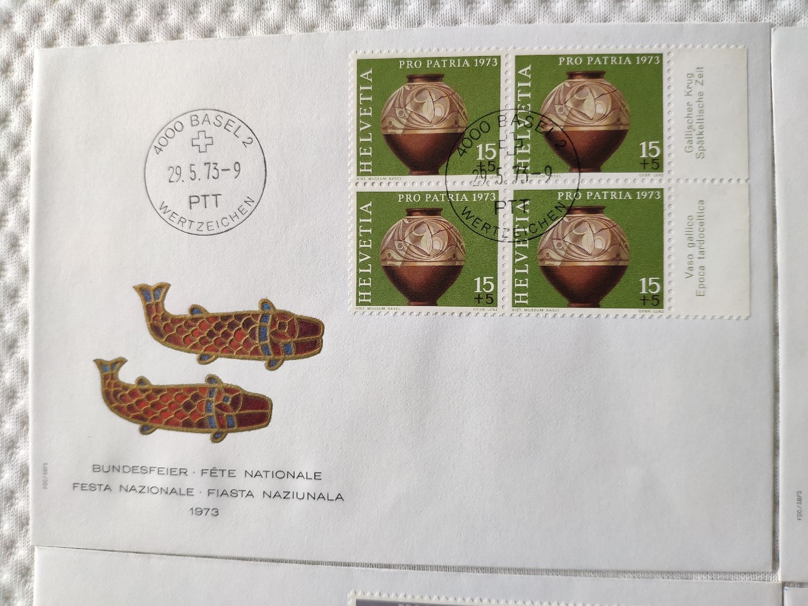 Tutti i francobolli: Pro Patria 1973 FDC avec blocs de quatre – Usato da Lausanne venduto da Jdelta 1
