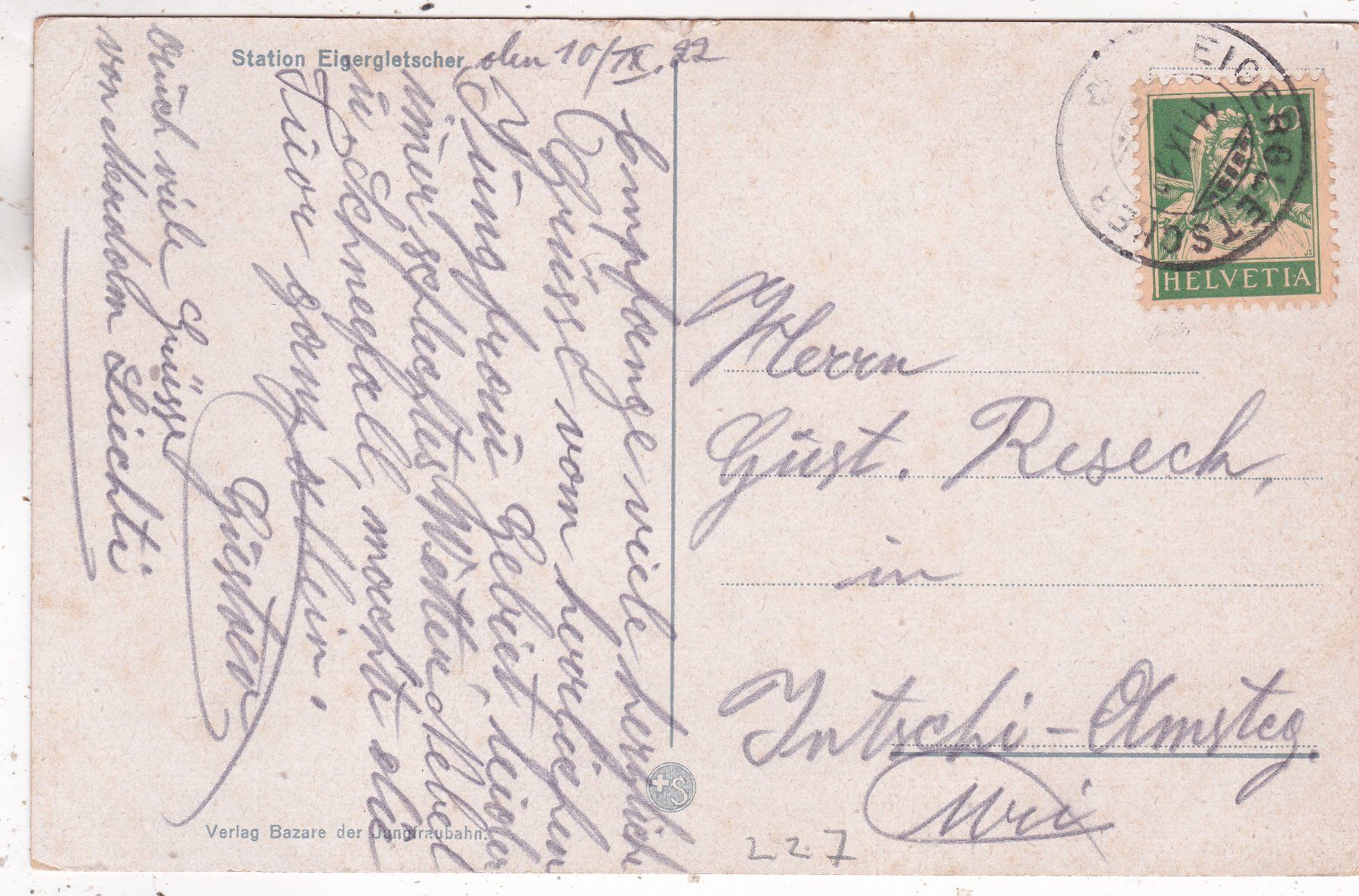 Cartoline postali: Station Eigergletscher 1922 – Usato da Herisau venduto da Lisegrat2008 1