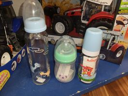 3er Set Babyflaschen Nuggi 2Glasflaschen 1 Plastik B26