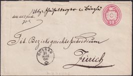 1868 10Rp.-Tüblibrief mit Fingehutstempel GOSSAU nach Zürich