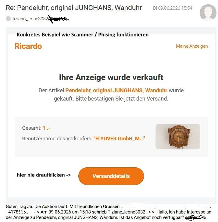 Junghans Orologi: Pendeluhr, original JUNGHANS, Wanduhr (mit Scammer-Warnung) – Usato da Walkringen venduto da Flyover 4