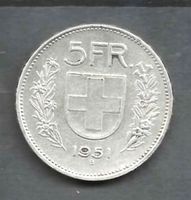 Pièce de 5 Fr Suisse 1951, argent