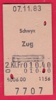 KARTON BILLETT, SCHWYZ - ZUG, 2.KLASSE, RETOUR