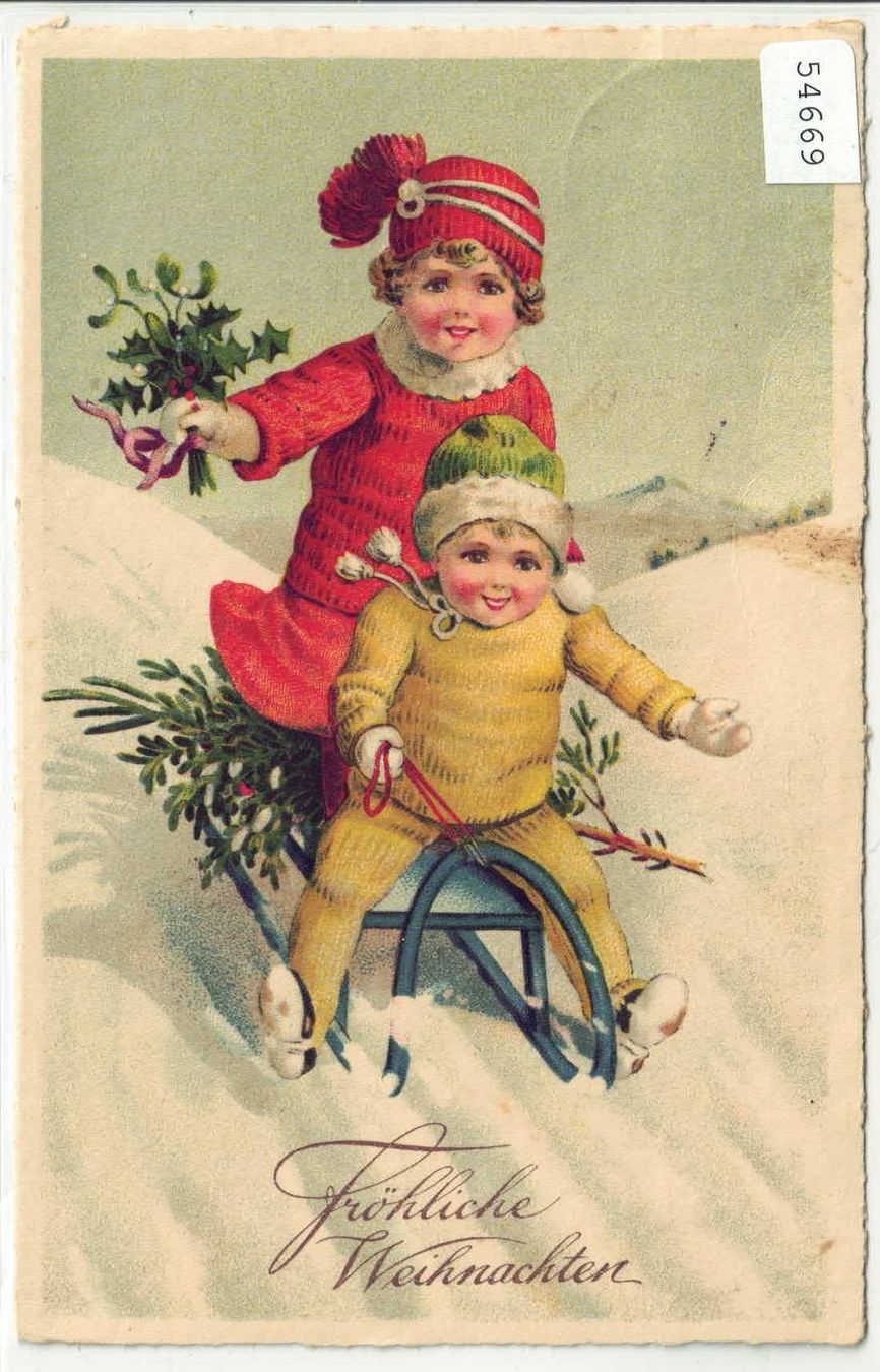Cartoline postali: Fröhliche Weihnachten - 2 Kinder mit Schlitten – Usato da Ettingen venduto da Kartenplanet
