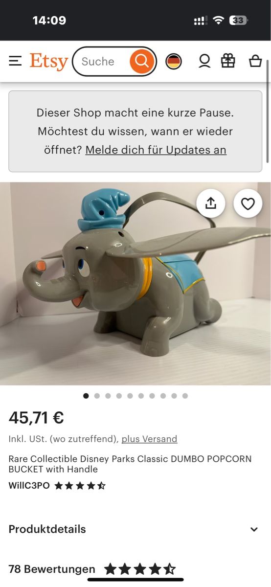 Disney Statuette: Vintage Disney Parks Dumbo Popcorn Eimer – Usato da Genève venduto da sho_67qj 8