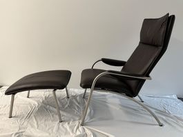 2 Sessel De Sede DS 270 mit 1 Hocker dunkelbraunes Leder