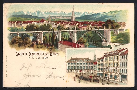Ansichtskarten: Litho Bern, Bahnhof, Ortsansicht mit Br – Gebraucht aus Berlin von bartko-reher