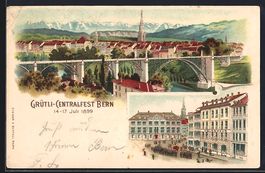 Litho Bern, Bahnhof, Ortsansicht mit Br