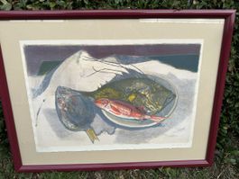 Lithographie A. Holy, poissons, encadrée
