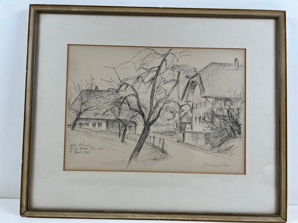 Alte Hauser szene Lithographie Schwerleserlig signiert. | Kaufen auf