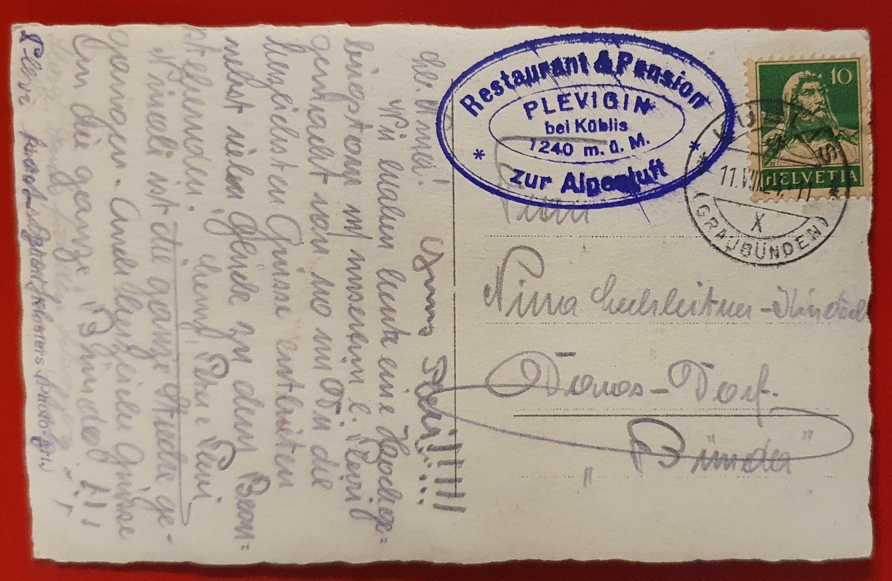 Ansichtskarten: Küblis 1924 - Wirtschaft Plevigin – Gebraucht aus Kreuzlingen von Rschweiz1 1