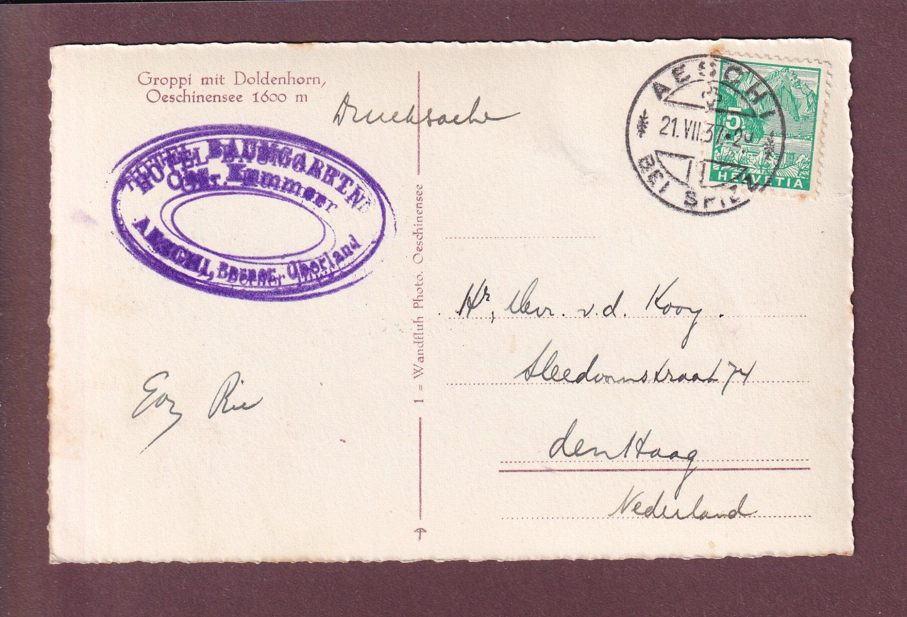 Cartoline postali: Groppi mit DOLDENHORN - Oeschinensee - 1937 – Usato da Pully venduto da nicecards 1