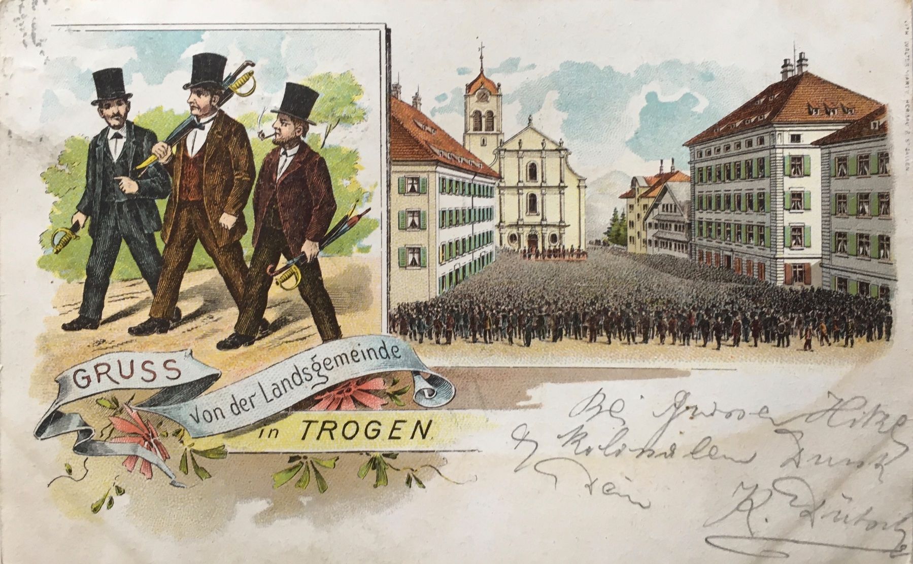 Cartoline postali: Gruss aus Trogen, Landsgemeinde, Litho, 1900 – Usato da Frauenfeld venduto da Merk52