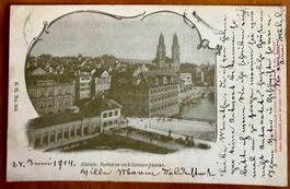 Zürich - Litho - Rathaus und Grossmünster 1904
