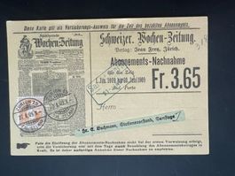 1909 Karte Schw. Wochen-Zeitung Abo-Nachnahme Bahnst. (V344)